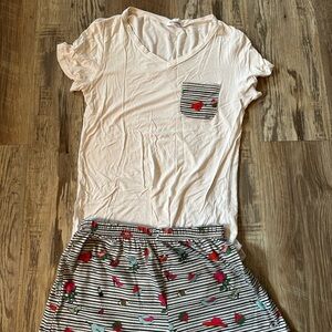 XS White V-Neck T-Shirt and Striped Shorts Pajama Set
